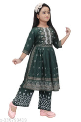 Green Rayon Kid Girls Naira Cut Kurta set, vibrant printed palazzo style